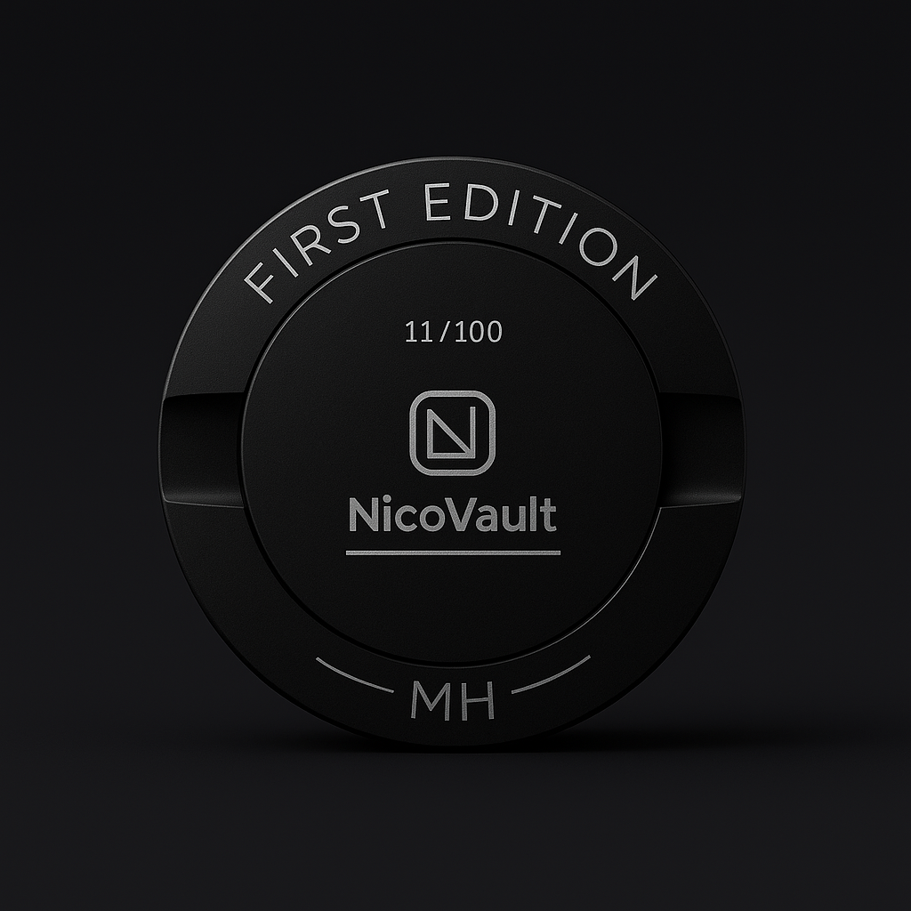 Kovový puk NicoVault First Edition na snus s iniciálami